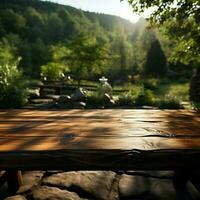 wildernis Scherm opstelling leeg houten tafel in park voor presentatie van producten temidden van natuur voor sociaal media post grootte ai gegenereerd foto