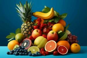 levendig tropisch fruit tentoongesteld Aan een rustgevend blauw achtergrond ai gegenereerd foto