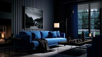 donker blauw monochroom leven kamer. interieur ontwerp. ai gegenereerd foto