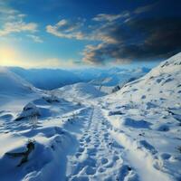besneeuwd stijgen menselijk voetafdrukken Mark heuvel beklimmen in rustig winter landschap voor sociaal media post grootte ai gegenereerd foto