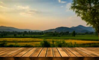 houten tafel, berg horizon, en zonsondergang veld- vervagen sereen ai gegenereerd foto