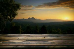 een pittoreske tafereel houten tafel met een zonsondergang, lucht, boom, bergen ai gegenereerd foto