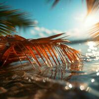 strand verleiden wazig palm, bokeh achtergrond verbeteren zanderig tafereel, belichamen zomer ontsnappen voor sociaal media post grootte ai gegenereerd foto