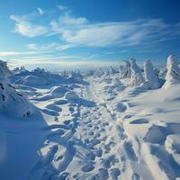 bergop in sneeuw menselijk voetafdrukken document vastbesloten beklimmen door winters heuvel voor sociaal media post grootte ai gegenereerd foto