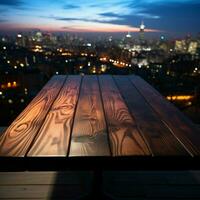 stedelijk schemering houten tafel onder wazig nacht lucht met ver weg stadsgezicht voor sociaal media post grootte ai gegenereerd foto