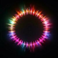 neon schittering vormen een kleurrijk halve cirkel Aan een zwart canvas voor sociaal media post grootte ai gegenereerd foto