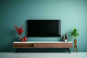televisie rust Aan een kabinet binnen een modern blauw omringt door een muur kamer ai gegenereerd foto