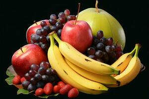 een samenstelling van fruit drie bananen, twee druiven, een draak fruit ai gegenereerd foto