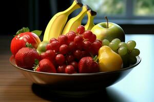 een kom van fruit, vrij van ieder afleidend achtergrond ai gegenereerd foto