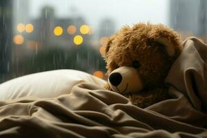 eenzaam teddy slaapt Aan bed, staren Bij regenen, wit kalmte ai gegenereerd foto