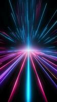 gloeiend neon lijnen in 3d dynamisch snelheid lichten Aan een donker canvas verticaal mobiel behang ai gegenereerd foto