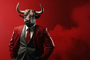 portret van een stier in een zakenman pak en stropdas Aan een geïsoleerd achtergrond. ai gegenereerd foto