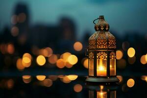 lantaarns en stad bokeh lichten onder de avond lucht voor Ramadan ai gegenereerd foto