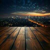 stedelijk horizon houten tafel onder wazig nacht lucht, stad gebouwen zacht verlichte voor sociaal media post grootte ai gegenereerd foto