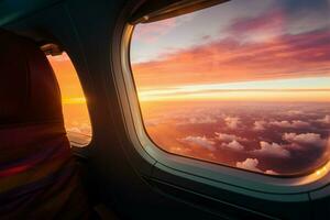 zonsondergang schouwspel van vliegtuigen venster, een visie dat inspireert ontzag ai gegenereerd foto
