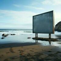 aan het strand aanplakbord leeg Scherm temidden van zanderig kust en expansief zeegezicht voor sociaal media post grootte ai gegenereerd foto