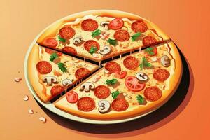 een watertanden pizza met toppings in een vector formaat, roze achtergrond ai gegenereerd foto