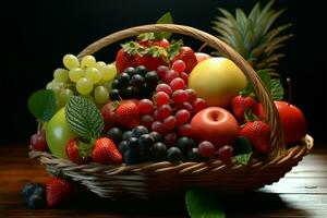 een elegant presentatie van divers fruit binnen een charmant mand ai gegenereerd foto