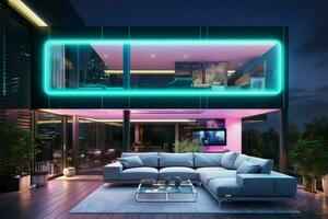 futuristische interieur ontwerp verlicht een modern luxe huis met neon ai gegenereerd foto