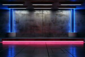 beton backdrop verbetert Product presentatie met blauw en roze neon accenten ai gegenereerd foto