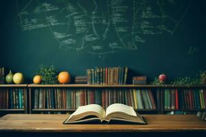 Open boek voldoet aan een levendig groen schoolbord backdrop ai gegenereerd foto