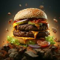 een hamburger dat stijgt naar nieuw hoogten met haar uniek componenten voor sociaal media post grootte ai gegenereerd foto
