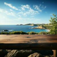 horizon verbinding houten tafel tegen wazig zee eiland en rustig blauw lucht voor sociaal media post grootte ai gegenereerd foto