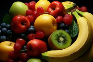 een backdrop met een arrangement van kleurrijk en vers fruit ai gegenereerd foto