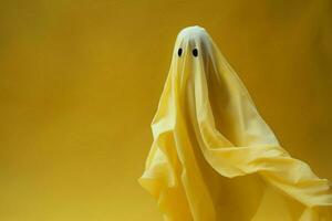 halloweens griezelig genade wit geest vel zweeft in geel ruimte ai gegenereerd foto