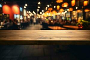 veelzijdig bespotten omhoog ruimte een donker houten tafel tegen een wazig restaurant backdrop ai gegenereerd foto