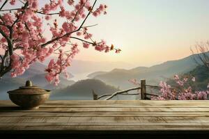 sakura en houten tafel reeks in een sereen ochtend- mist ai gegenereerd foto