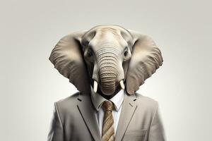 zakenman met olifant hoofd in pak en stropdas Aan grijs achtergrond. ai gegenereerd foto