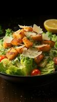 klassiek Caesar salade verhoogd met sappig, gegrild garnaal toppings verticaal mobiel behang ai gegenereerd foto