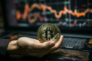 gedecentraliseerd financiën bitcoin munt in hand- Aan tabel achtergrond ai gegenereerd foto
