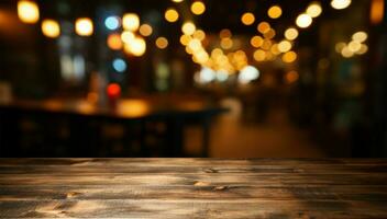 restaurants bokeh achtergrond achter een donker houten tafel voor Product plaatsing ai gegenereerd foto