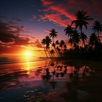 kust- silhouet, palm bomen tegen oceaan zonsondergang geïllustreerd kalmte in schemering tinten voor sociaal media post grootte ai gegenereerd foto