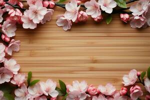 vieren voorjaar met een kers bloesem kader Aan bamboe achtergrond ai gegenereerd foto