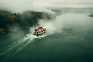 antenne visie van een stoomboot Aan rivier- ai gegenereerd foto