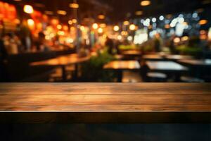 veelzijdig bespotten omhoog ruimte een donker houten tafel tegen een wazig restaurant backdrop ai gegenereerd foto