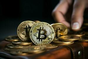 virtueel investering munten in hand, bitcoin Aan een houten tafel ai gegenereerd foto
