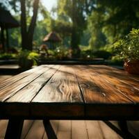 buitenshuis exposeren platform onbezet houten tafel in park, perfect voor natuur themed presentaties voor sociaal media post grootte ai gegenereerd foto