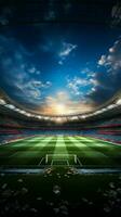 voetbal arena in 3d, een weergegeven stadion met een druk veld- verticaal mobiel behang ai gegenereerd foto