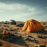 troosteloos woestijn camping eenzaam avontuur temidden van dor woestenij, omringd door leegte voor sociaal media post grootte ai gegenereerd foto