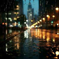 nachtelijk stadsgezicht door regen gespikkeld glas, achtergrond verzacht door vervagen voor sociaal media post grootte ai gegenereerd foto