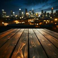 stadsgezicht charme wazig lucht, houten tafel tegen de verleiden van 's nachts gebouwen voor sociaal media post grootte ai gegenereerd foto