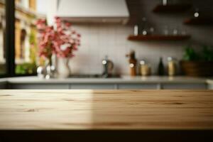 modern keuken kamer interieur met een houten tafelblad in zacht focus ai gegenereerd foto