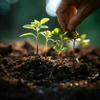 hand- gieten zwart bodem Aan groen bokeh achtergrond aanplant een klein fabriek Aan een stapel van bodem voor sociaal media post grootte ai gegenereerd foto