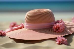 hoed in de zand een vakantie humeur overgebracht met een roze rietje hoed ai gegenereerd foto