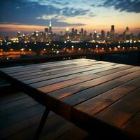 horizon schemering wazig nacht lucht, houten tafel in de midden van stedelijkheid voor sociaal media post grootte ai gegenereerd foto