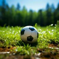 bolvormig sport- bal rust vredig Aan een bed van gras voor sociaal media post grootte ai gegenereerd foto